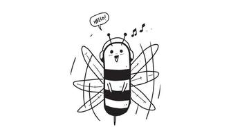cute bee with headset illustration. colorless cartoon for drawing and coloring activities. fun activity for kids development and creativity. object isolated on white background in vector design.