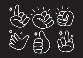 conjunto de divertidas ilustraciones de gestos de la mano de dibujos animados. Ilustración de línea en blanco sobre fondo negro. dibujo simple dibujado a mano de los dedos de la mano. vector