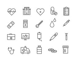 the editable stroke line icons collection related to medical stuff. a bag, heartbeat, stethoscope, ambulance, emergency sign, etc that is suitable to be used as ui ux element design. vector