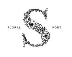 letra floral de s. hermoso alfabeto floral sobre fondo blanco. Ilustración de vector de elemento de tipografía en color negro.