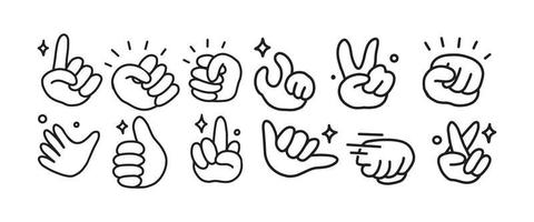conjunto de divertidas ilustraciones de gestos de la mano de dibujos animados. Ilustración de línea en negro sobre fondo blanco. dibujo simple dibujado a mano de dedos de la mano vector