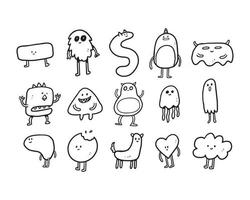 set of monster doodle illustrations. the hand-drawn drawing of funny characters for an avatar, sticker, coloring, etc. vector
