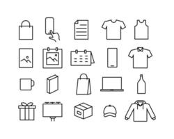 the editable stroke line icons collection related to merchandise stuff. a bag, cloth, bottle, catalog, etc that is suitable to be used as ui ux element design. vector