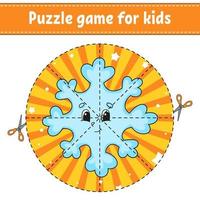 Cut and play. Round puzzle snowflake. Logic puzzle for kids. Activity page. Cutting practice for preschool. cartoon character. Christmas theme. vector