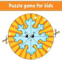 Cut and play. Round puzzle snowflake. Logic puzzle for kids. Activity page. Cutting practice for preschool. cartoon character. Christmas theme. vector