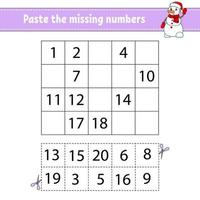 Paste the missing numbers 1-20. Game for children. Handwriting practice. Learning numbers for kids. Education developing worksheet. Activity page. Isolated vector illustration in cute cartoon style.