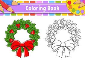 Christmas wreath. Coloring book for kids. cartoon character. Vector illustration. Black contour silhouette. Isolated on white background. Christmas theme.