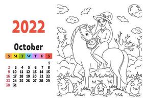 calendario para 2022 con un lindo personaje. unicornio de hadas. página para colorear. diseño divertido y brillante. Ilustración de vector de color aislado. estilo de dibujos animados.