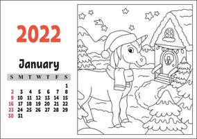 calendario para 2022 con un lindo personaje. unicornio de hadas. página para colorear. diseño divertido y brillante. Ilustración de vector de color aislado. estilo de dibujos animados.