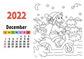 calendario para 2022 con un lindo personaje. unicornio de hadas. página para colorear. diseño divertido y brillante. Ilustración de vector de color aislado. estilo de dibujos animados.