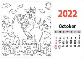 calendario para 2022 con un lindo personaje. unicornio de hadas. página para colorear. diseño divertido y brillante. Ilustración de vector de color aislado. estilo de dibujos animados.