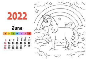 calendario para 2022 con un lindo personaje. unicornio de hadas. página para colorear. diseño divertido y brillante. Ilustración de vector de color aislado. estilo de dibujos animados.