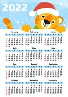 Calendar for 2022 with a cute tiger symbol of the new year. Fun and bright design. Isolated color vector illustration. cartoon style.