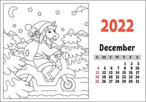 calendario para 2022 con un lindo personaje. unicornio de hadas. página para colorear. diseño divertido y brillante. Ilustración de vector de color aislado. estilo de dibujos animados.