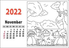 calendario para 2022 con un lindo personaje. unicornio de hadas. página para colorear. diseño divertido y brillante. Ilustración de vector de color aislado. estilo de dibujos animados.