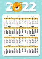 calendario para 2022 con un lindo símbolo de tigre del año nuevo. diseño divertido y brillante. Ilustración de vector de color aislado. estilo de dibujos animados.