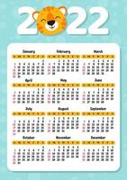 Calendar for 2022 with a cute tiger symbol of the new year. Fun and bright design. Isolated color vector illustration. cartoon style.