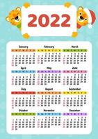 Calendar for 2022 with a cute tiger symbol of the new year. Fun and bright design. Isolated color vector illustration. cartoon style.