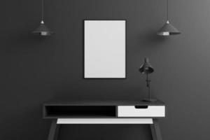 Black vertical poster or photo frame mockup with table in living room interior on empty black wall background. 3D rendering.