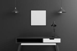 Black square poster or photo frame mockup with table in living room interior on empty black wall background. 3D rendering.