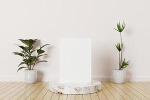 Maqueta de marco de fotos vertical blanco en un podio de mármol en una habitación vacía con plantas en un piso de madera