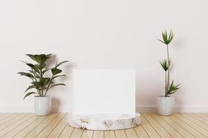 Maqueta de marco de fotos horizontal blanco en un podio de mármol en una habitación vacía con plantas en un piso de madera