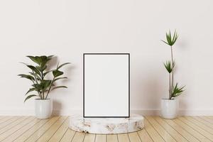 Black vertical photo frame mockup on a podium marble in empty room with plants on a wooden floor