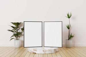 Set of black vertical photo frame mockup on a podium marble in empty room with plants on a wooden floor