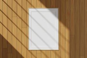 Vertical wooden poster or photo frame mockup hanging on the wall with window shadow. 3D rendering.