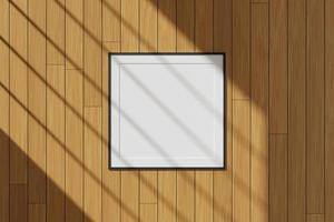 Square black poster or photo frame mockup hanging on the wall with window shadow. 3D rendering.