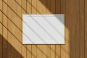 Horizontal wooden poster or photo frame mockup hanging on the wall with window shadow. 3D rendering.