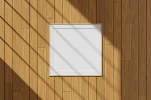 Square wooden poster or photo frame mockup hanging on the wall with window shadow. 3D rendering.