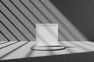 Square white poster or photo frame mockup on top of the podium with window shadow. 3D rendering.