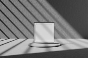 Square black poster or photo frame mockup on top of the podium with window shadow. 3D rendering.