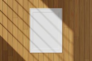 cartel blanco vertical o maqueta de marco de fotos colgado en la pared con sombra de ventana. Representación 3D.