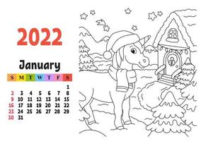 calendario para 2022 con un lindo personaje. unicornio de hadas. página para colorear. diseño divertido y brillante. Ilustración de vector de color aislado. estilo de dibujos animados.