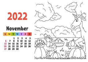 calendario para 2022 con un lindo personaje. unicornio de hadas. página para colorear. diseño divertido y brillante. Ilustración de vector de color aislado. estilo de dibujos animados.