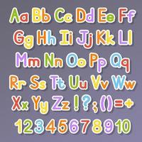 English alphabet. Vector set. Bright color style. Cartoon ABC. Funny hand drawn font. Numbers, lowercase and uppercase letters.