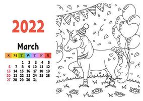 calendario para 2022 con un lindo personaje. unicornio de hadas. página para colorear. diseño divertido y brillante. Ilustración de vector de color aislado. estilo de dibujos animados.