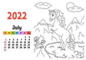 calendario para 2022 con un lindo personaje. unicornio de hadas. página para colorear. diseño divertido y brillante. Ilustración de vector de color aislado. estilo de dibujos animados.