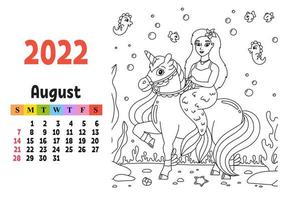 calendario para 2022 con un lindo personaje. unicornio de hadas. página para colorear. diseño divertido y brillante. Ilustración de vector de color aislado. estilo de dibujos animados.