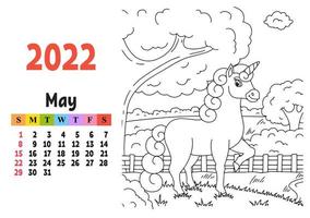 calendario para 2022 con un lindo personaje. unicornio de hadas. página para colorear. diseño divertido y brillante. Ilustración de vector de color aislado. estilo de dibujos animados.