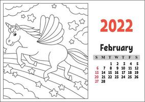 calendario para 2022 con un lindo personaje. unicornio de hadas. página para colorear. diseño divertido y brillante. Ilustración de vector de color aislado. estilo de dibujos animados.