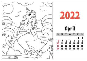 calendario para 2022 con un lindo personaje. unicornio de hadas. página para colorear. diseño divertido y brillante. Ilustración de vector de color aislado. estilo de dibujos animados.