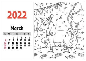 calendario para 2022 con un lindo personaje. unicornio de hadas. página para colorear. diseño divertido y brillante. Ilustración de vector de color aislado. estilo de dibujos animados.