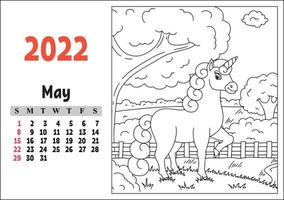 calendario para 2022 con un lindo personaje. unicornio de hadas. página para colorear. diseño divertido y brillante. Ilustración de vector de color aislado. estilo de dibujos animados.