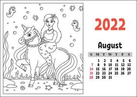 calendario para 2022 con un lindo personaje. unicornio de hadas. página para colorear. diseño divertido y brillante. Ilustración de vector de color aislado. estilo de dibujos animados.