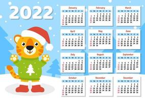 Calendar for 2022 with a cute tiger symbol of the new year. Fun and bright design. Isolated color vector illustration. cartoon style.