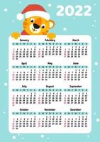 Calendar for 2022 with a cute tiger symbol of the new year. Fun and bright design. Isolated color vector illustration. cartoon style.