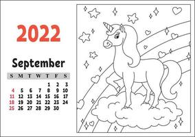 calendario para 2022 con un lindo personaje. unicornio de hadas. página para colorear. diseño divertido y brillante. Ilustración de vector de color aislado. estilo de dibujos animados.